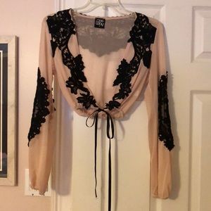 Tie front crop top with black lace detail